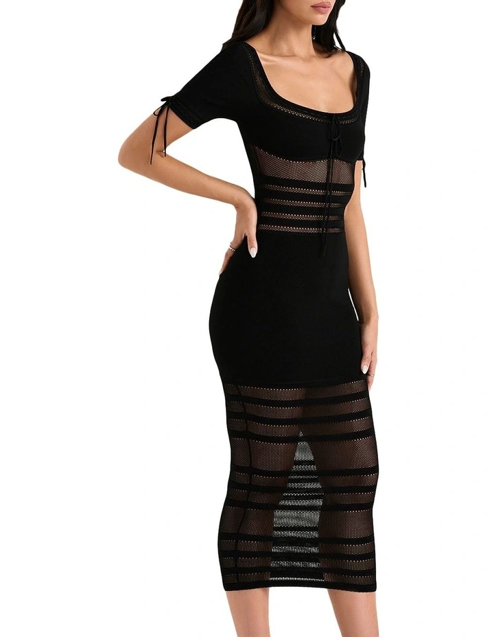 Lilla Openwork Knit Midi Dress in Black image 3