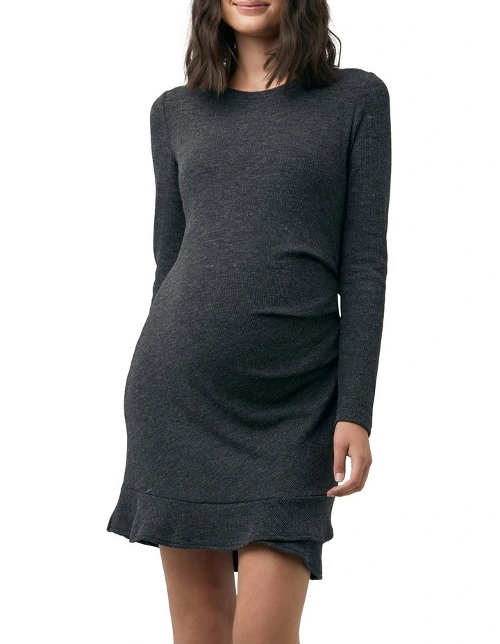 Evie Frill Hem Dress in Charcoal Marle image 1