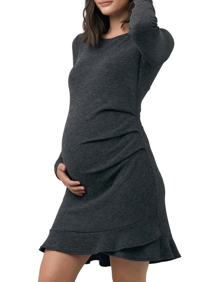 Evie Frill Hem Dress in Charcoal Marle image 2