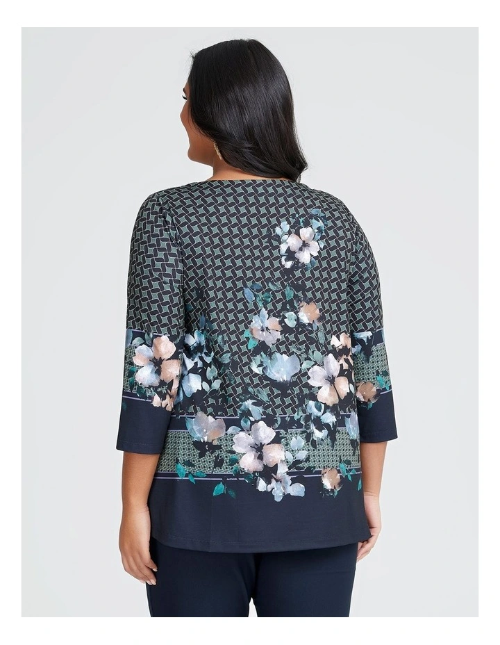 Geo Floral Pleated Ruffle Front Top