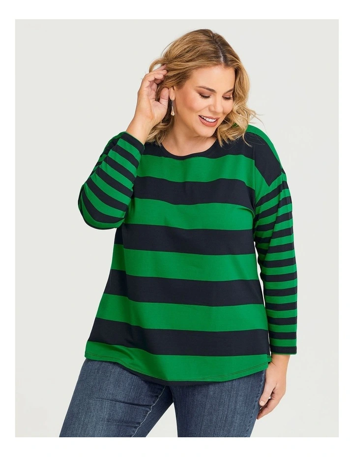 Cotton Mix Stripe Top in Navy/Arcadia Green image 3