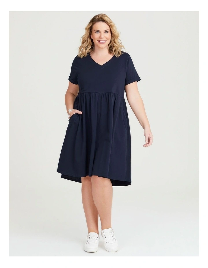Cotton V-neck Cuff Dress in Navy image 1