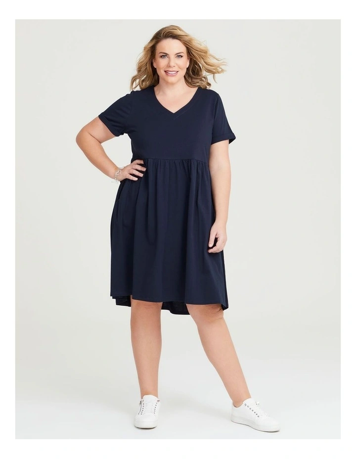 Cotton V-neck Cuff Dress in Navy image 3