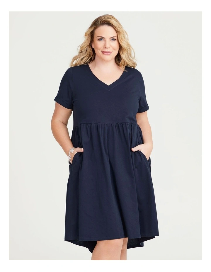Cotton V-neck Cuff Dress in Navy image 4