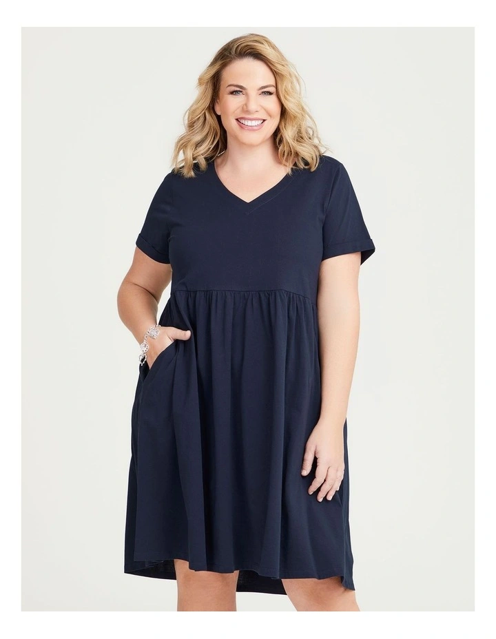 Cotton V-neck Cuff Dress in Navy image 5
