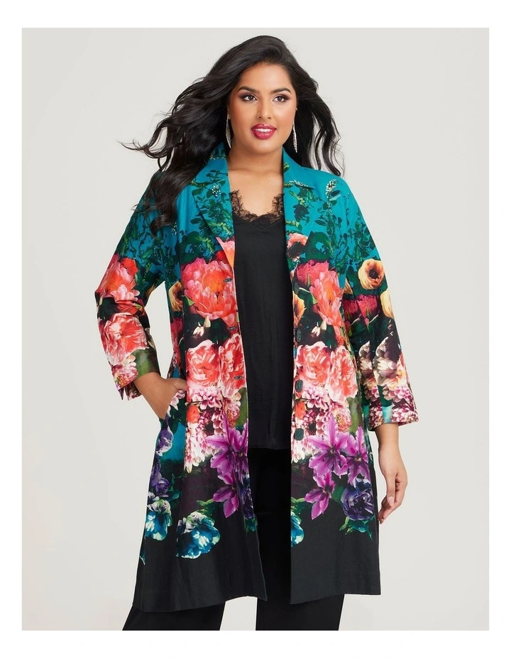 Taking Shape Chic Statement Long Linen Jacket in Floral MYER