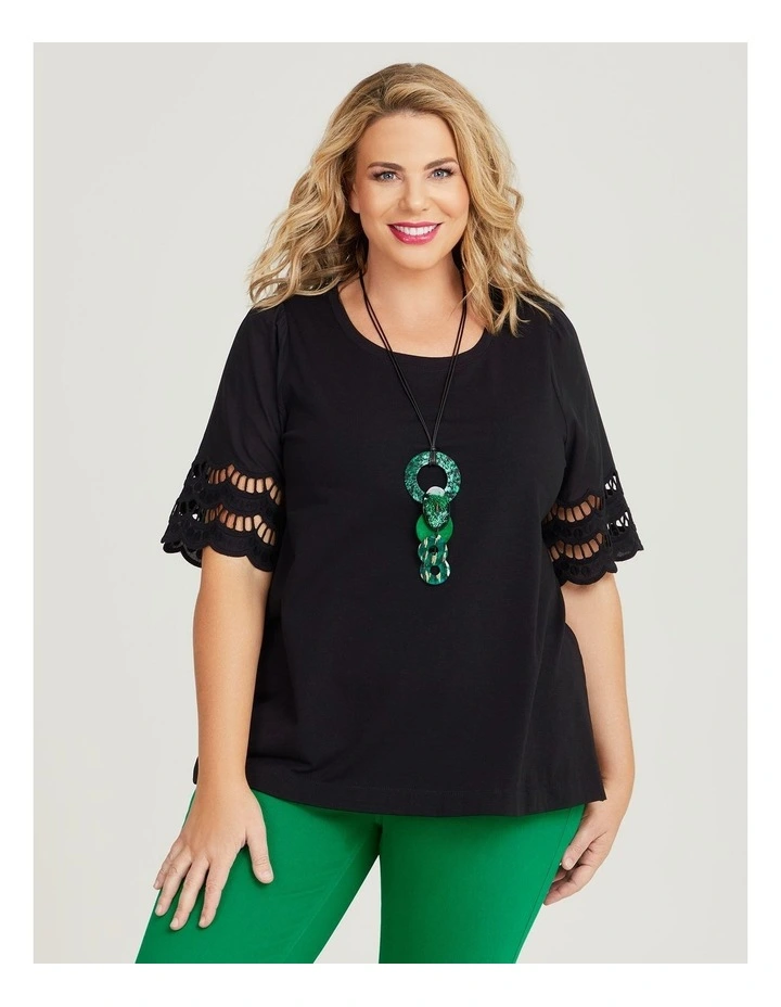 EYELET DETAIL BUTTON DOWN SCALLOP SLEEVE TOP
