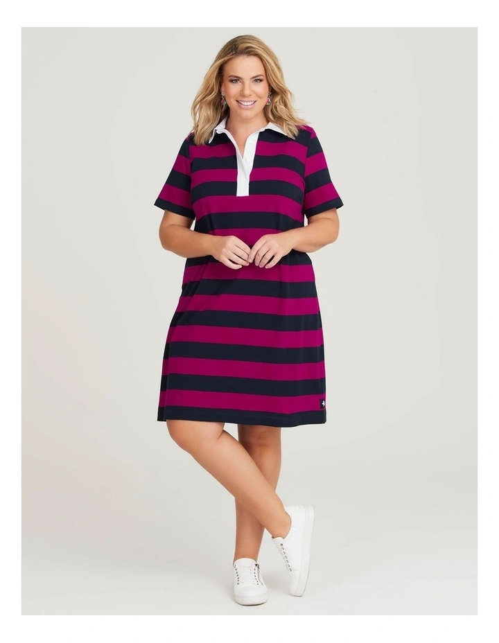 Cotton Block Stripe Polo Dress in Multi image 1