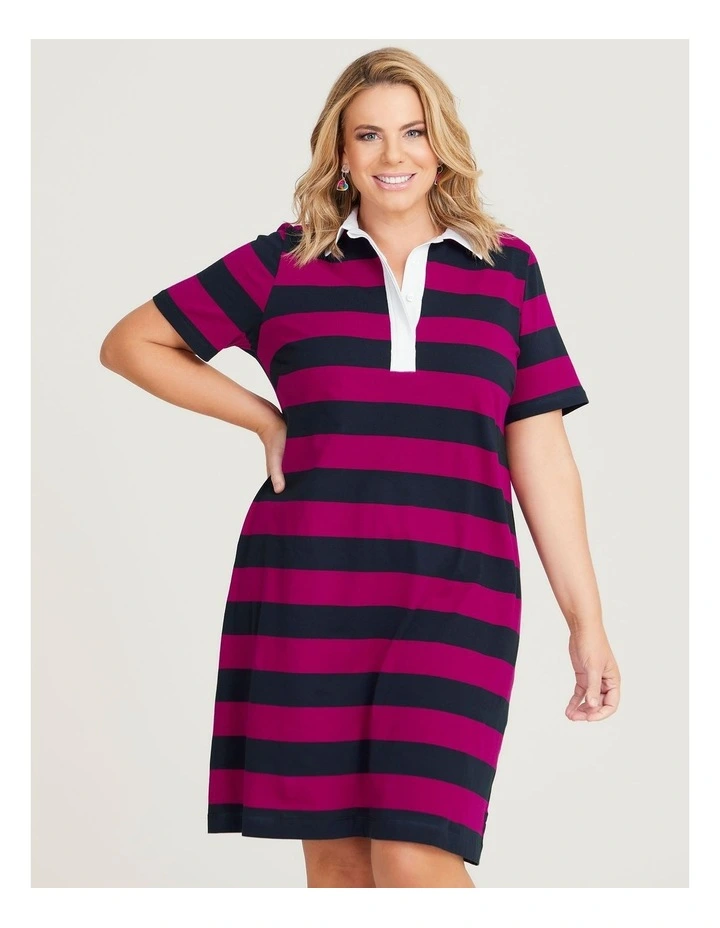 Cotton Block Stripe Polo Dress in Multi image 3