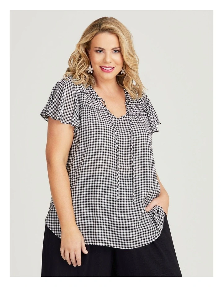 Natural Gingham Floaty Top in Black/off White image 3