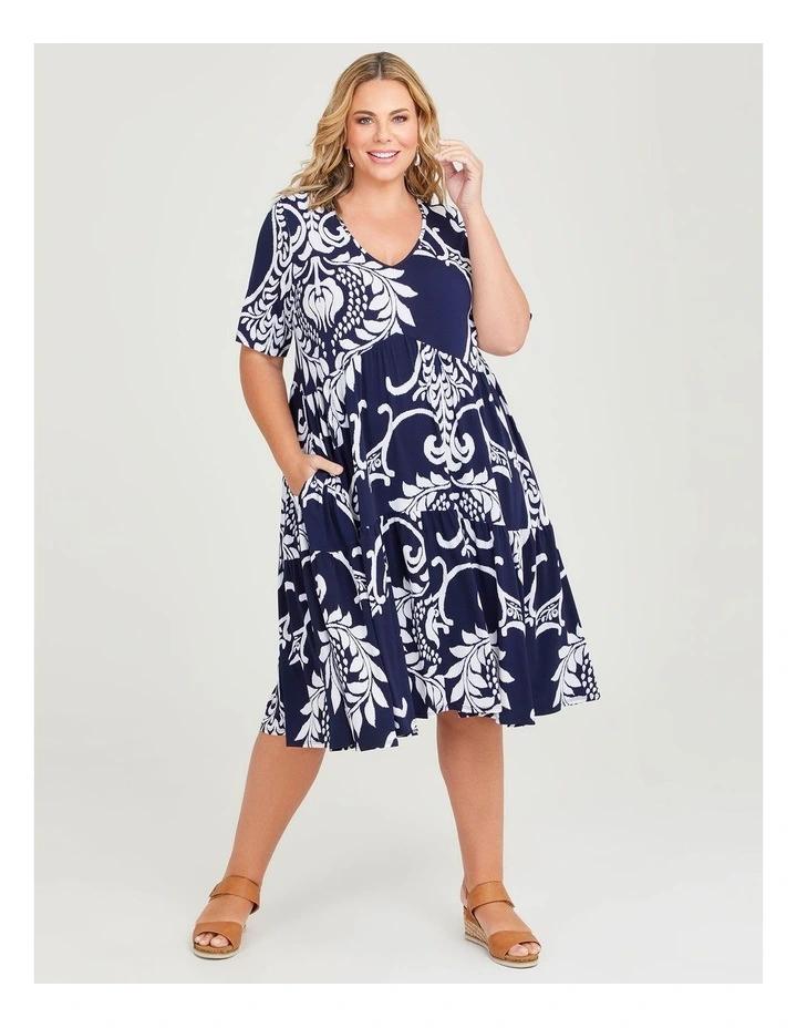 Phoebe Print Tier Dress in Navy/White image 1