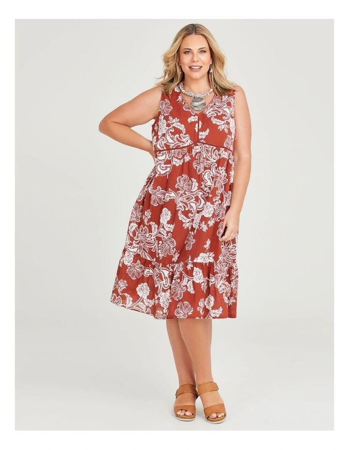 Cotton Jacobean Sleeveless Dress in Rust/Off White image 1