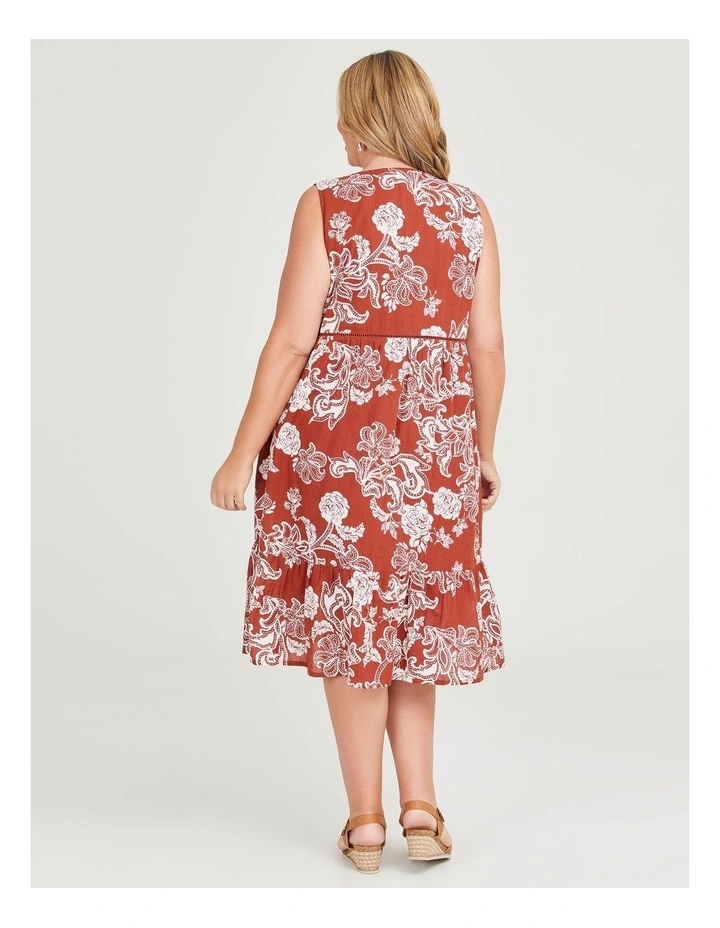Cotton Jacobean Sleeveless Dress in Rust/Off White image 2