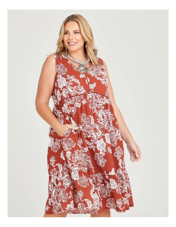 Cotton Jacobean Sleeveless Dress in Rust/Off White image 3