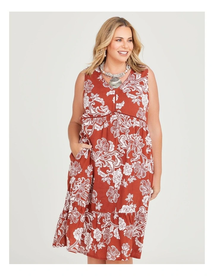 Cotton Jacobean Sleeveless Dress in Rust/Off White image 4