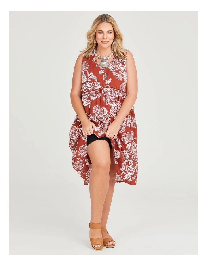 Cotton Jacobean Sleeveless Dress in Rust/Off White image 5