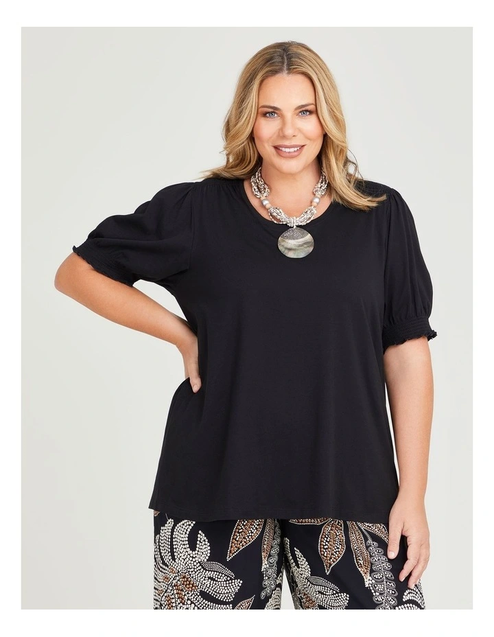 Cotton Shirred Puff Sleeve Top in Black image 1