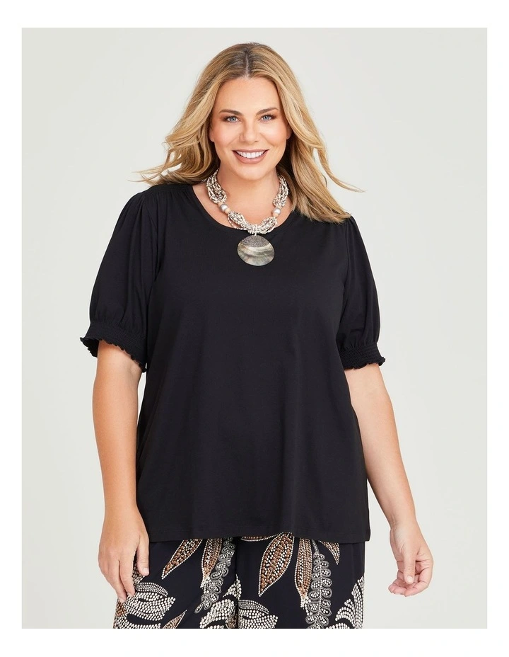 Cotton Shirred Puff Sleeve Top in Black image 3