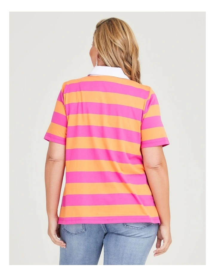 Cotton Block Stripe Polo Shirt in Orange/Super Pink image 2