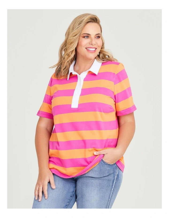 Cotton Block Stripe Polo Shirt in Orange/Super Pink image 3