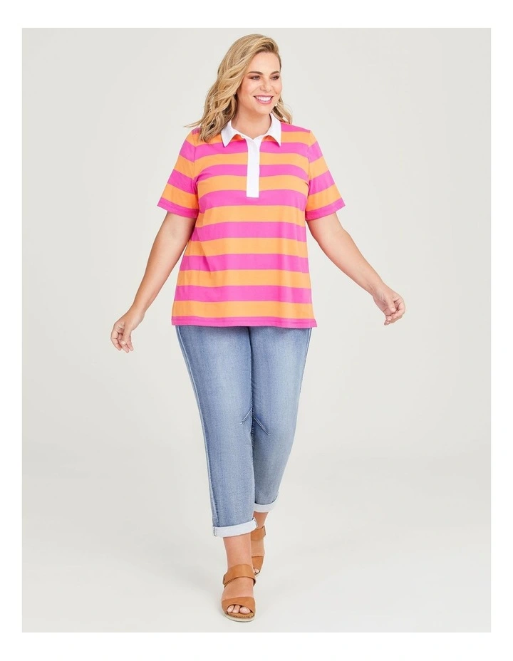 Cotton Block Stripe Polo Shirt in Orange/Super Pink image 4