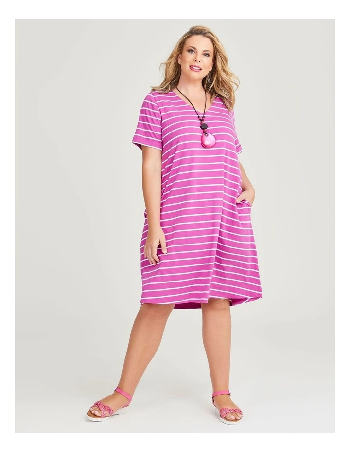 Cotton V-neck Stripe Dress in Plum/White image 1