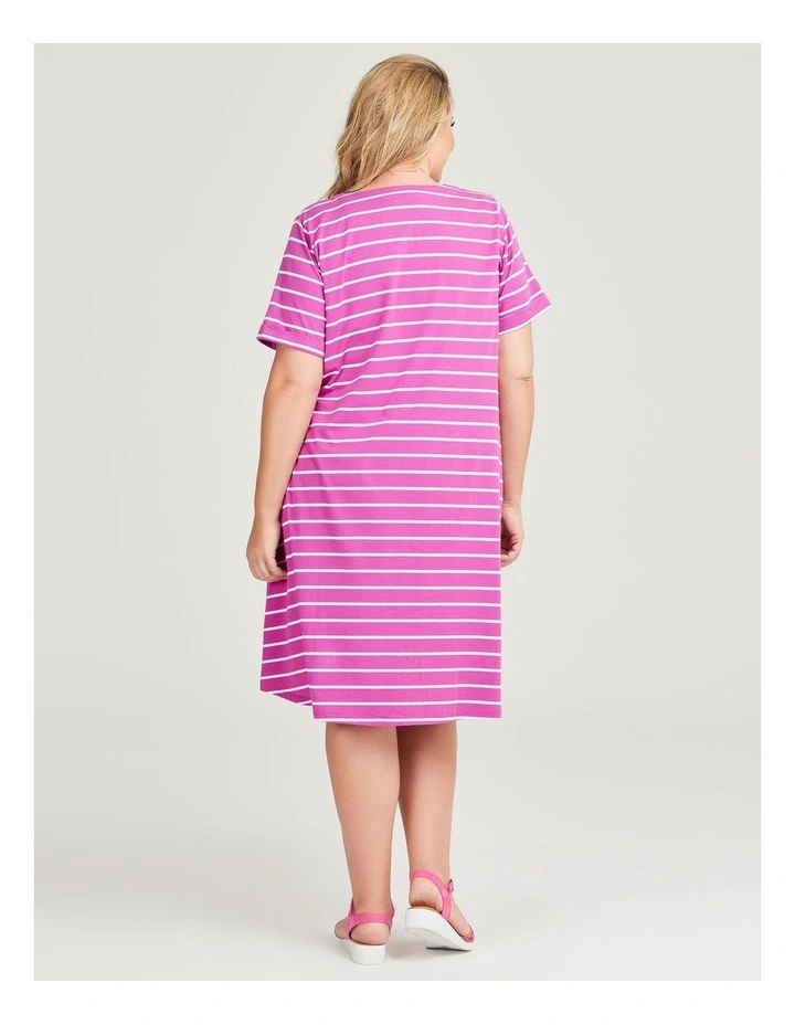 Cotton V-neck Stripe Dress in Plum/White image 2