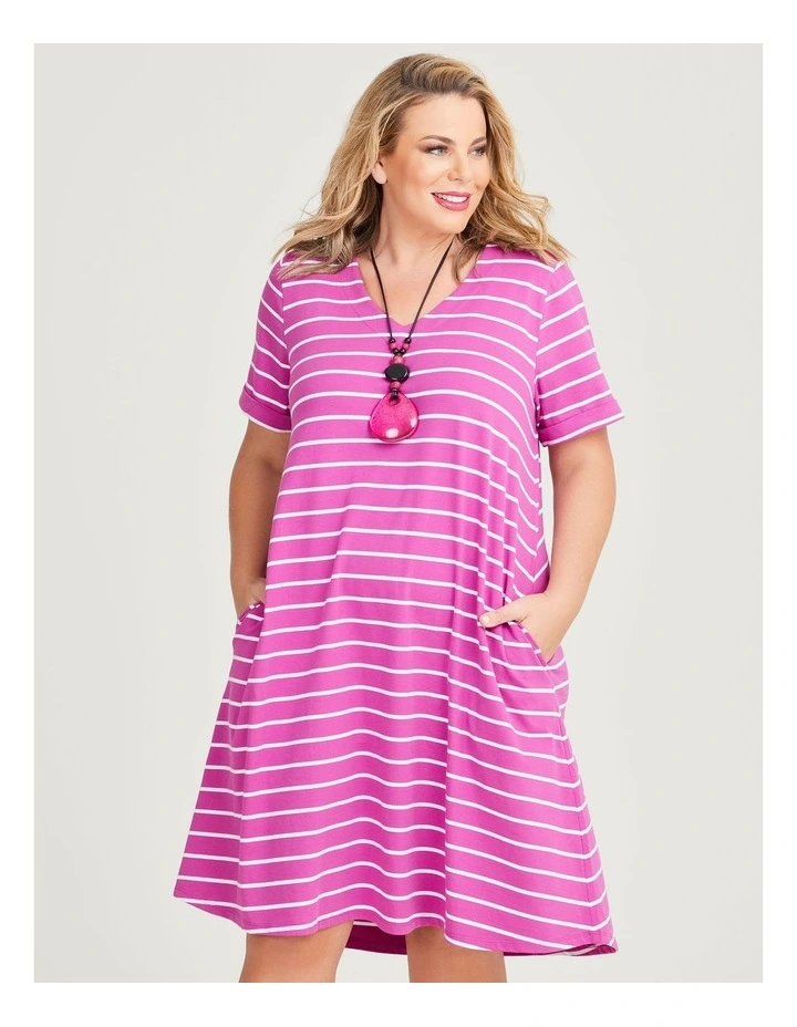 Cotton V-neck Stripe Dress in Plum/White image 3