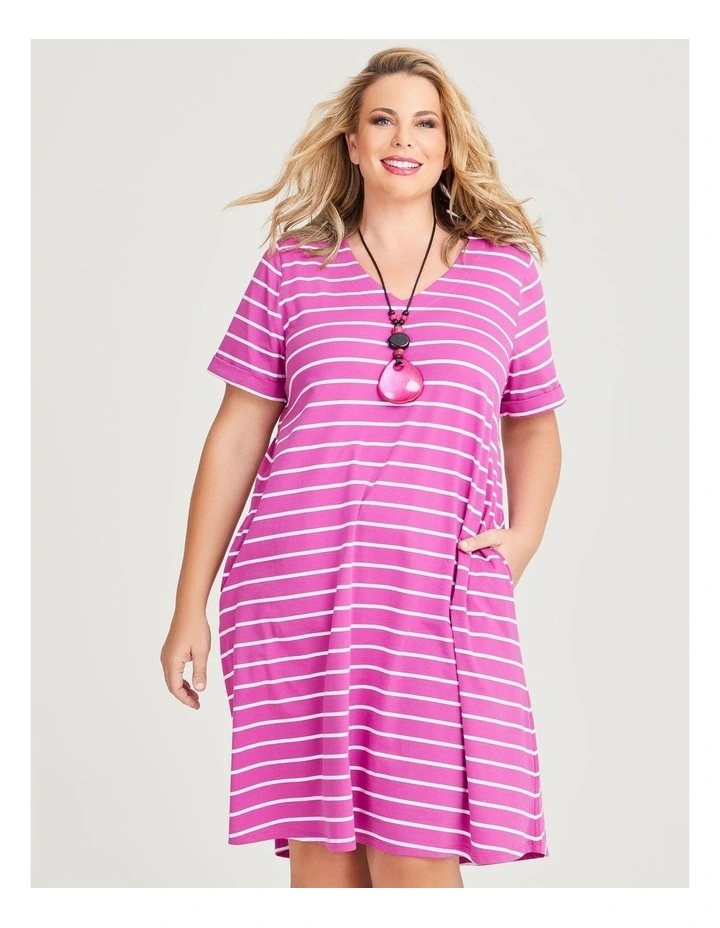 Cotton V-neck Stripe Dress in Plum/White image 4