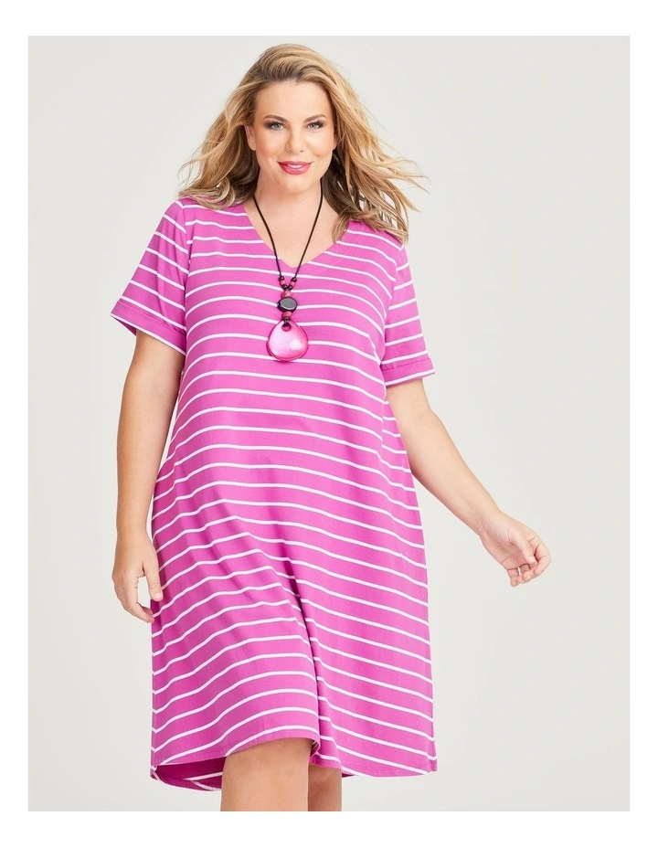 Cotton V-neck Stripe Dress in Plum/White image 5