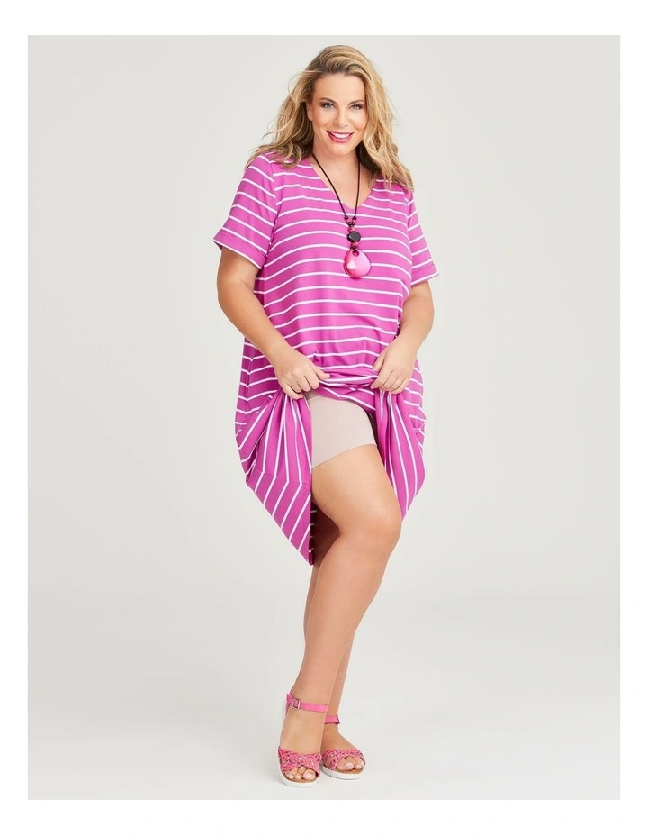Cotton V-neck Stripe Dress in Plum/White image 6