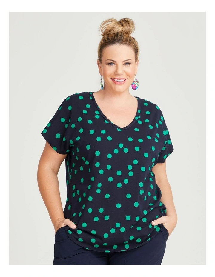 Cotton Scoop Neck Spot Top in Navy/Green image 1