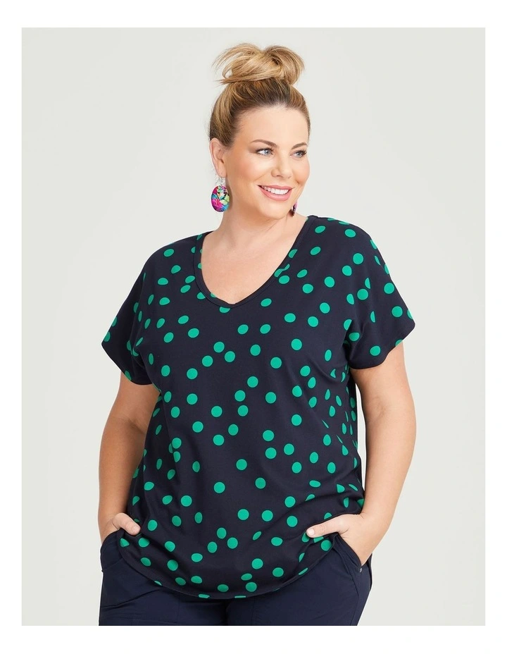 Cotton Scoop Neck Spot Top in Navy/Green image 3