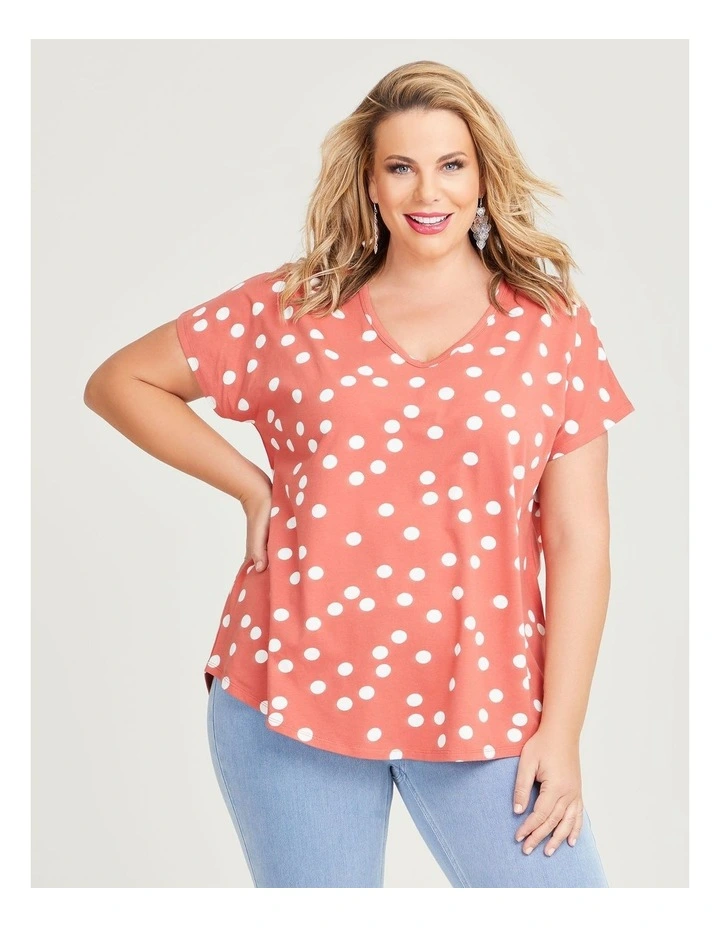 Cotton Scoop Neck Spot Top in Terracotta/off White image 1