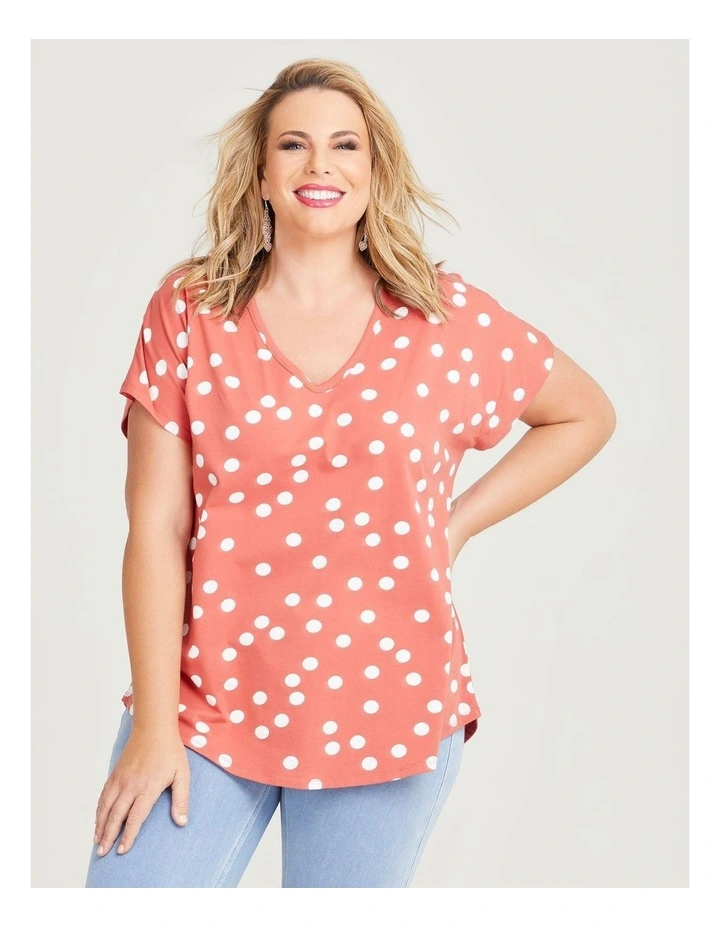 Cotton Scoop Neck Spot Top in Terracotta/off White image 3