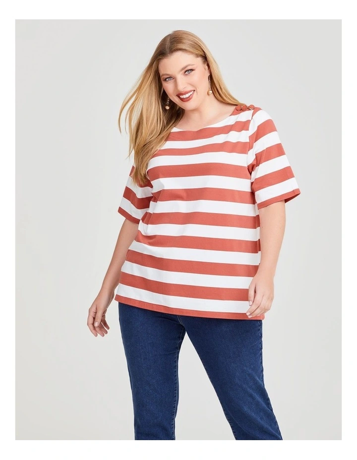 Cotton Block Stripe Button Top in Terracotta/Off White image 1