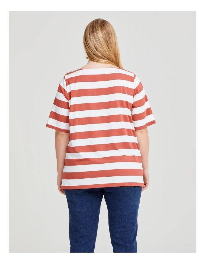 Cotton Block Stripe Button Top in Terracotta/Off White image 2