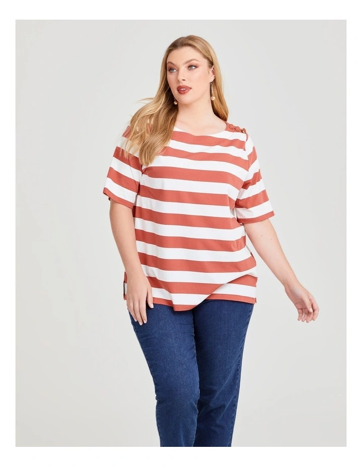 Cotton Block Stripe Button Top in Terracotta/Off White image 3