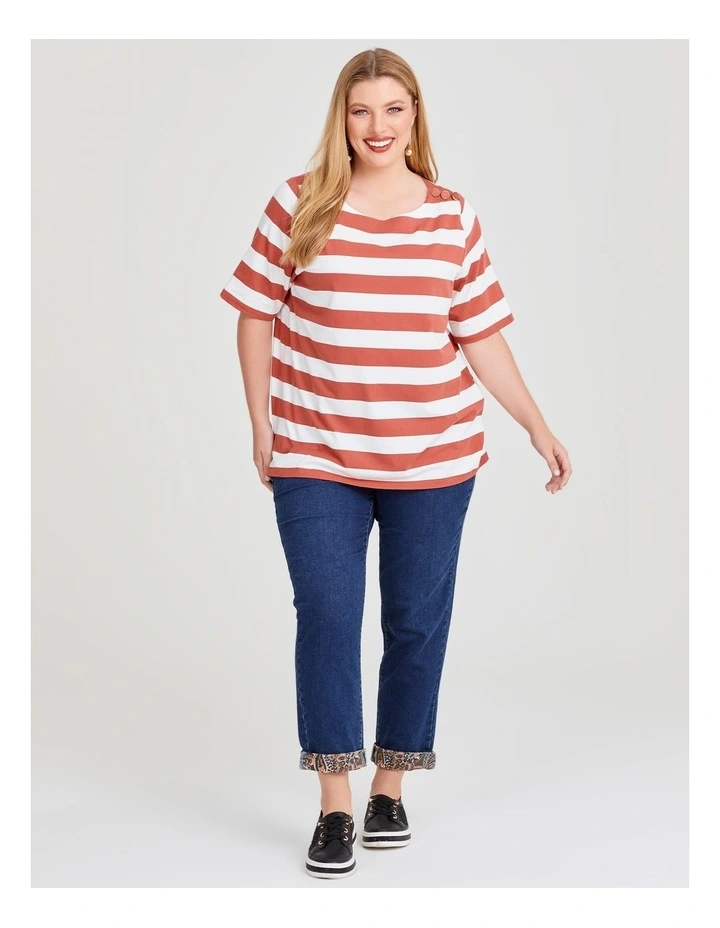 Cotton Block Stripe Button Top in Terracotta/Off White image 4