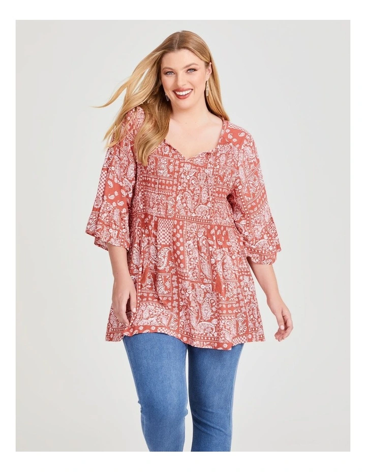 Natural Scarf Print Tunic in Terracotta/Off White image 1