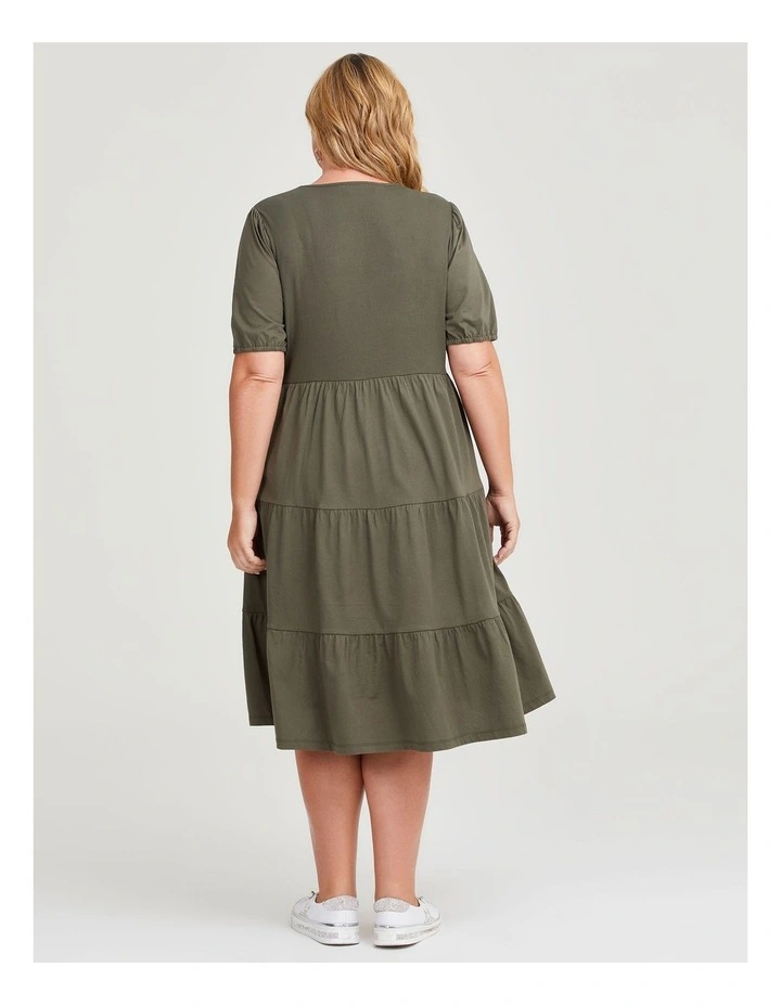 Green Leaf Print Hand Block Printed Cotton Midi Dress – Boho Puff Sleeve Tiered Dress – Ruffle Neck Indian Summer Dress for Women