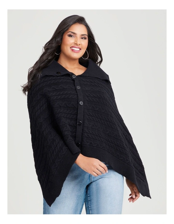 Side Button Detail Poncho in Black image 1