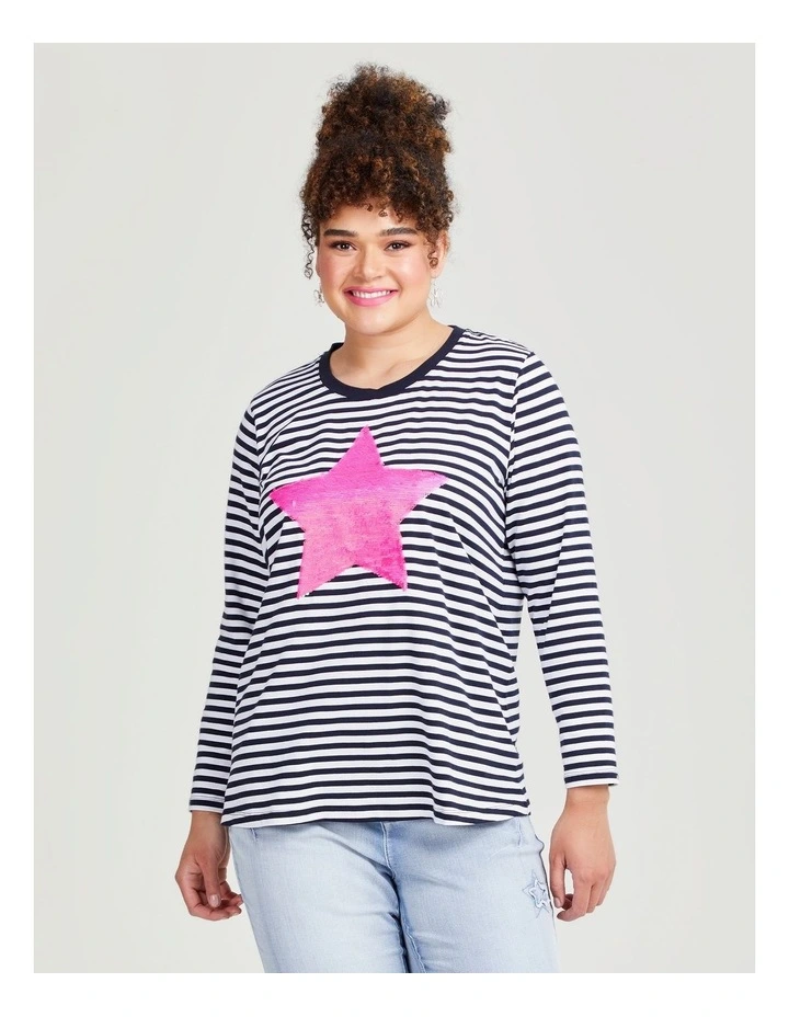 Cotton Sequin Star Stripe Top in Navy/White image 1