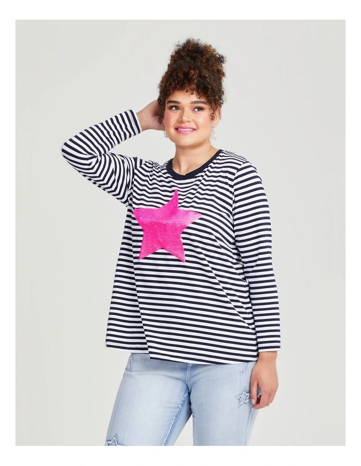 Cotton Sequin Star Stripe Top in Navy/White image 3