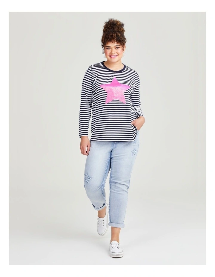 Cotton Sequin Star Stripe Top in Navy/White image 4