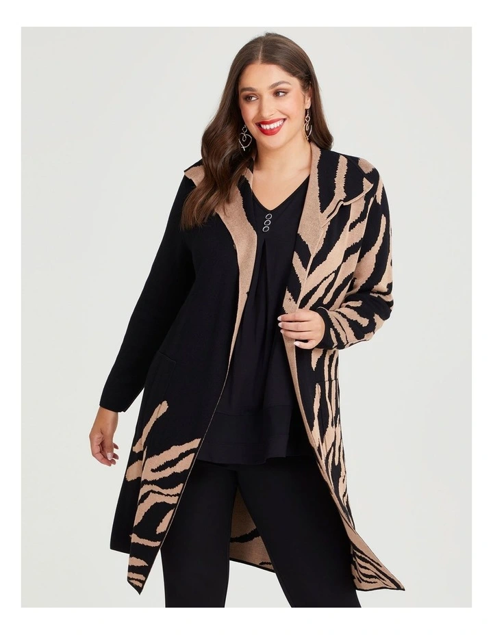 Jacquard Knit Natural Coatigan in Black/Camel image 3