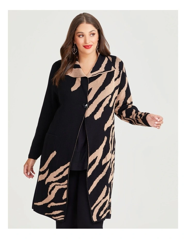 Jacquard Knit Natural Coatigan in Black/Camel image 5