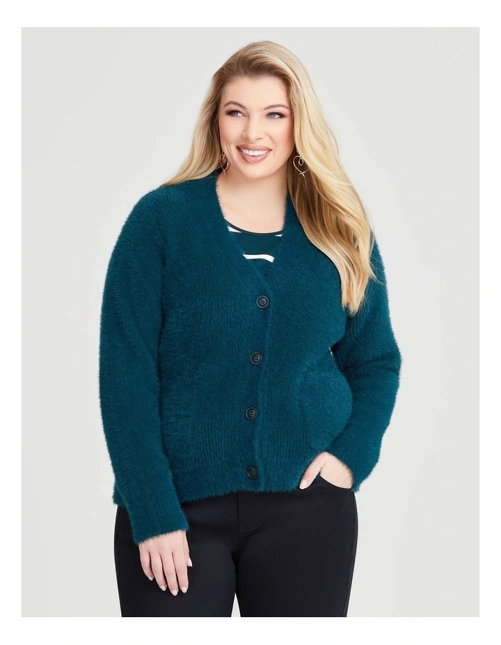 Fluffy Knit Short Cardigan in Evergreen image 3