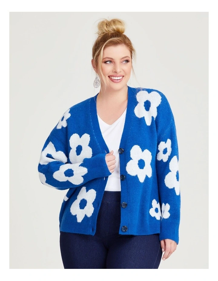 Daisy Flower Knit Cardigan in Seaport/Off White image 1