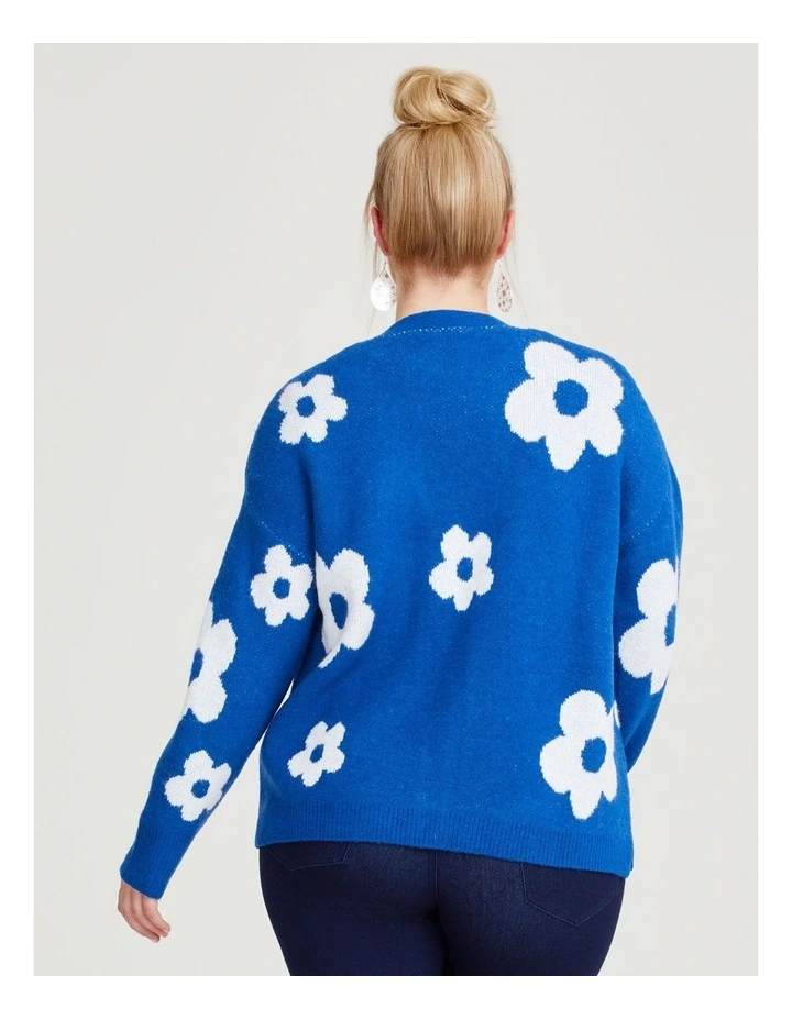 Daisy Flower Knit Cardigan in Seaport/Off White image 2